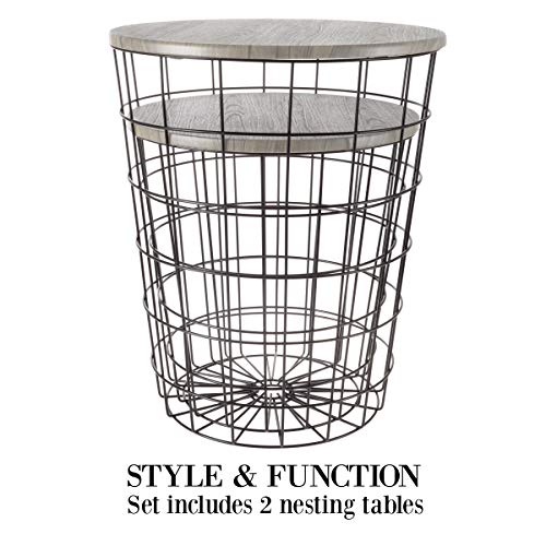 End Tables Set of 2 - Nesting Tables with Removable Wood Tops and Metal Basket Bases for Blanket Storage - Round Side Furniture for Living Room, Bedroom, or Home Office by (Gray/Black)