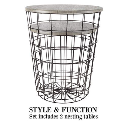 End Tables Set of 2 - Nesting Tables with Removable Wood Tops and Metal Basket Bases for Blanket Storage - Round Side Furniture for Living Room, Bedroom, or Home Office by (Gray/Black)