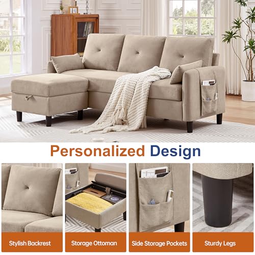4 PCS Living Room Furniture Set, 3 Seat Couch & Loveseat & Armchair with Storage Ottoman, Modern Couch Set with Side Pockets, Couches for Living Room (3+2+1 Seat/Beige)
