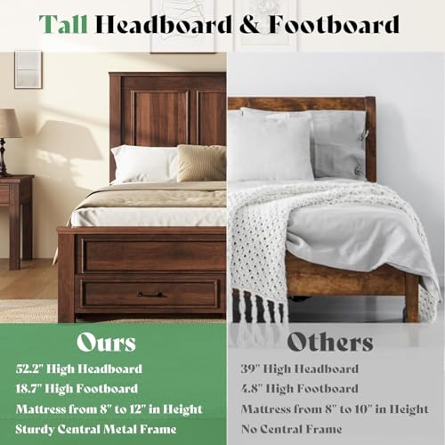 52.2" Queen Size Farmhouse Bed Frame with Headboard, Rustic Brown, view 4