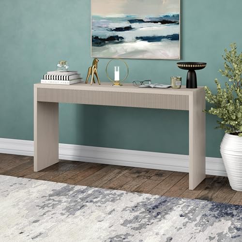 55" Rectangular Fluted Console Table, Ribbed Entryway Table, Sofa Table for Entryway, Living Room, Couch, Hallway, or Office, Beech White
