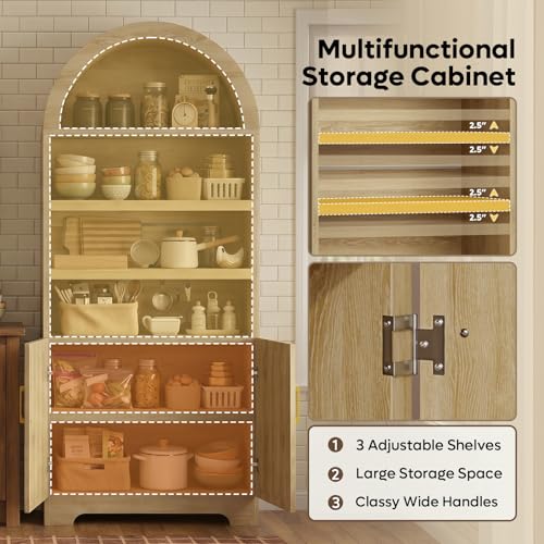 71" Tall Arched Kitchen Pantry, Arched Cabinet with Doors, Modern Farmhouse Wood Kitchen Storage Cabinets with 3-Tier Adjustable Shelves, Cupboard for Living Room, Dining Room, Kitchen, Oak