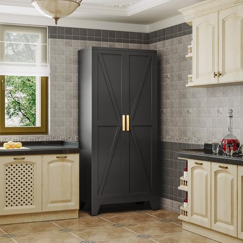 71" Metal Storage Cabinet with Doors and Shelves, Tall Pantry Cabinet in Black with 2 Doors & 4 Adjustable Shelves, All-Steel Farmhouse Cupboard for Kitchen, Living Room,Home Office,Garage
