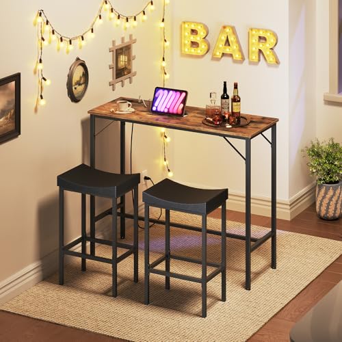 3-Piece Bar Table and Chairs Set, 39.4" Pub Table, High Top Bar Table with Charging Station, 3-Piece Dining Table Kitchen Breakfast Table Set, for Kitchen, Small Space, Rustic Brown BF10UBT01