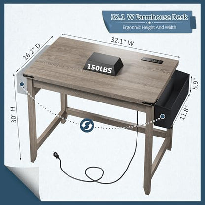 32"Farmhouse Writing Desk with Power Outlet,Storage Bag for Bedroom, view 3
