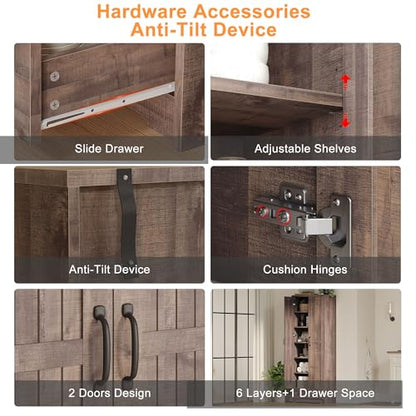 70" Tall Storage Cabinets, Large Wood Storage Pantry Cabinet with 6 Adjustable Shelves, 2 Striped Doors & Drawer, Standing Utility Cabinet for Kitchen, Bathroom, Dining Room, Antique (Brown)