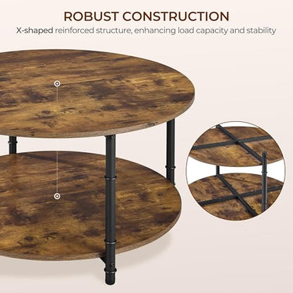 Round Coffee Table with Storage Shelf, 2-Tier 31.5" Rustic Brown, view 5