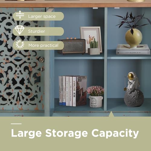 Accent Wood Storage Cabinet with 3 Doors, Large Farmhouse Buffet Sideboard Carved Decorative Storage Cabinet for Living Room Entryway Hallway, 13" Dx41.7 Wx31.5 H, Blue