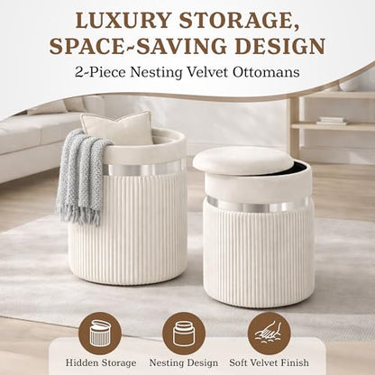 Round Storage Ottoman Set of 2 - White Ottoman with Storage for Living Room - Velvet Vanity Stool and Footrest - Round Nesting Ottoman Stools for Bedroom Makeup Area - Hidden Storage