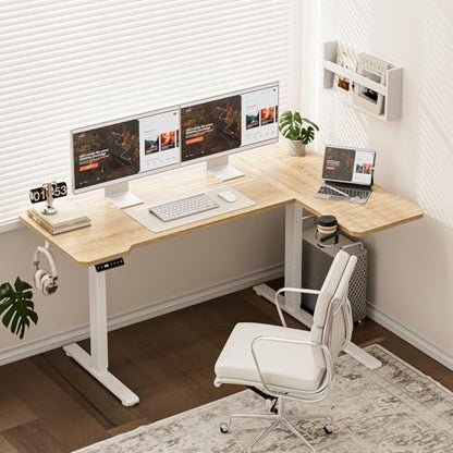 L Shaped Electric Standing Desk - 51x31.5 Inch Reversible Corner Sit Stand Desk with Hook&Cup Holder,Electric Height Adjustable Table,for Small Home Office&Bedroom Computer Desk, Oak