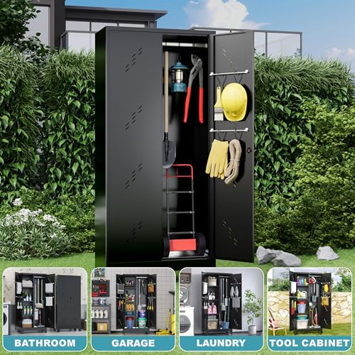 Metal Storage Cabinet 71" H, Garege Storage with Stainless Steel Bottom, Black Cleaning Supplies Organization Cabinet with Lockable Doors and Hanging Rod for Outdoor, Home Office