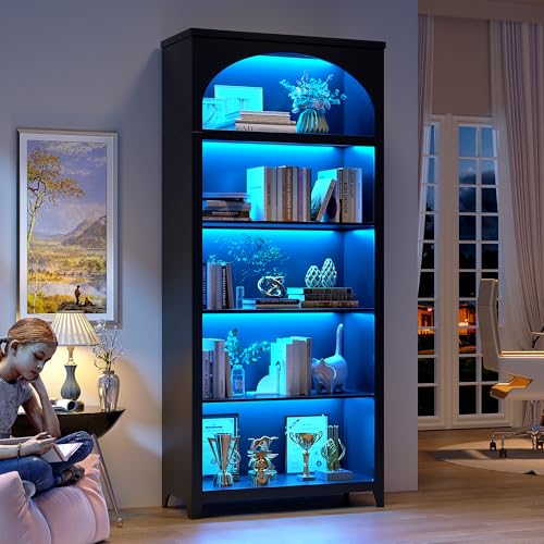 70" Arched Bookshelf with LED Lights, 5-Tier Storage for Displaying, view 2