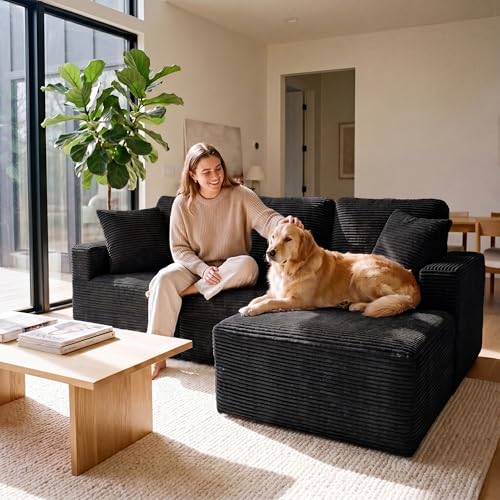 Sectional Couches for Living Room, Modern Boneless Couch with Deep Seat, Upholstered Cloud Sofa, No Assembly Required (Black, L Shaped Sofa)