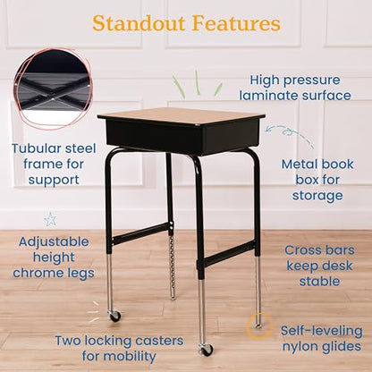 Mobile Open Front Desk with Metal Storage Book Box, Classroom Furniture, Oak