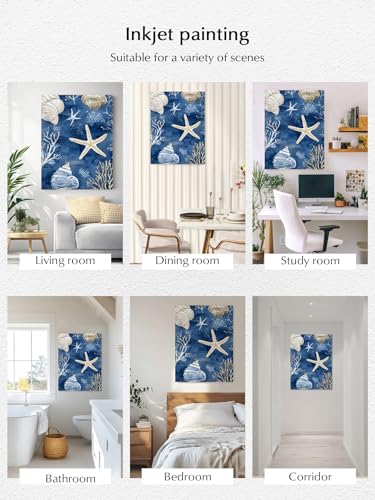 NuYeBiofx Ocean Starfish Seashell Waves Coral Canvas Wall Art Prints,48"x32" Framed Picture Artwork Navy Blue Printed Canvas Oil Painting for Living Room Bedroom Office,Ready to Hang
