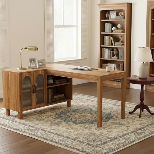 59" L Shaped Desk with File Cabinet, Executive Office Desk with Storage Shelves, view 5