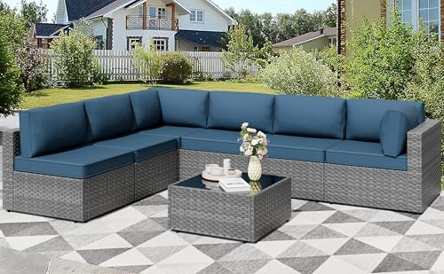 7 Pieces Outdoor Patio Furniture Sets, Patio Sectional Sofa Couch, Gray PE Wicker Furniture Modular Patio Conversation Sets Patio Sofa with Washable Cushions, Aegean Blue