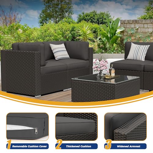 7 Pieces Outdoor Patio Furniture Set, Black Brown Wicker Patio Sectional Sofa Set, Outdoor Couch with Cushion and Tempered Glass Table, Grey