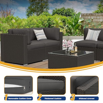 7 Pieces Outdoor Patio Furniture Set, Black Brown Wicker Patio Sectional Sofa Set, Outdoor Couch with Cushion and Tempered Glass Table, Grey