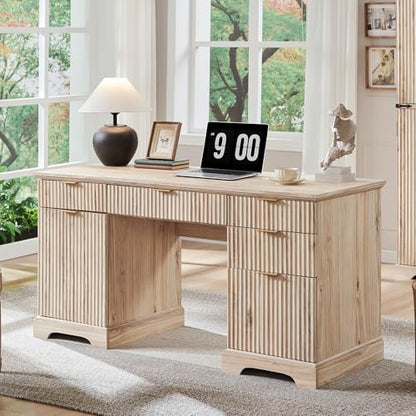 58" Modern Wood Executive Desk with 5 Drawers & 1 Cabinet, Built‑in Outlet, view 4