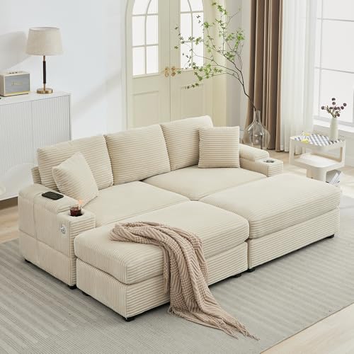 86.6" Sectional Sofa Couch with 2 Ottomans, Comfy Corduroy Upholstered Cloud Modular Convertible Couch with Cup Holders and USB, Armrest Storage, Deep Seat Oversized Loveseat for Living Room, Beige