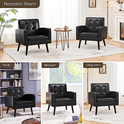 Yaheetech Mid-Century Accent Chairs, PU Leather Modern Upholstered Living Room Chair, Cozy Armchair Button Tufted Back and Wood Legs for Bedroom/Office/Cafe Black