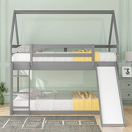 Twin Over Twin Low House Bunk Bed Frame with Slide, Gray | Wood twin over twin, roof, guardrail and ladder, for kids boys girls, wood slat support, safety guardrails and ladder