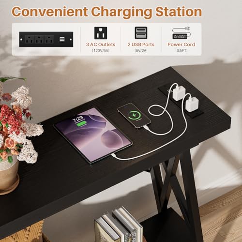 70.9 Inch Extra Long Console Table, Industrial Sofa Table Behind Couch with Charging Station & Storage Shelf, Entryway Table for Living Room & Entryway, Black