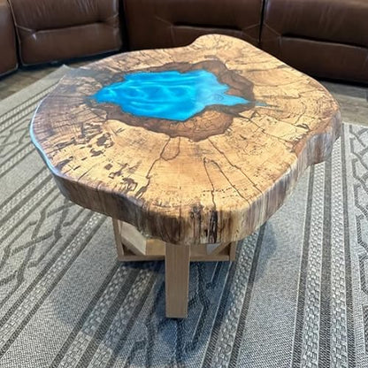 RESINHOMEFURNITURE Round Wooden Table with Blue Epoxy Lake Design Coffee Table Console Table Side Table Living Room Table Center Table Patio Table End Table (30 Inches Tall, 36 x 36 Inches)