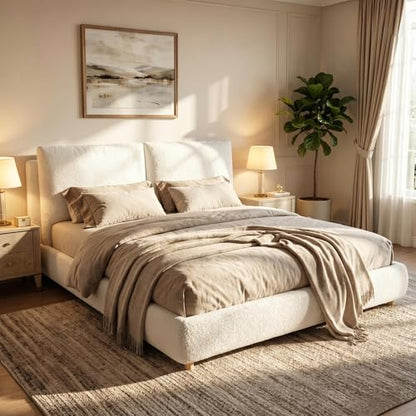 Queen Boucle Upholstered Bed, 2 Removable Headboard Pillows, White, view 2