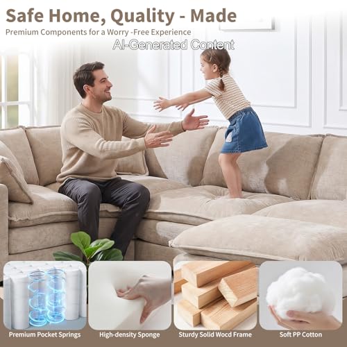 Cloud Couch Oversized Modular Sectional Sofa for Living Room, Modern Chenille 7 Seater Corner Sofa with Deep Seat, Large U-Shaped Couch Set for Spacious Space Apartment, Camel
