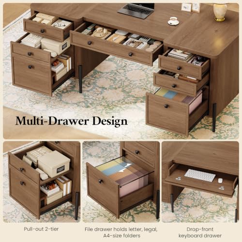 63" W x 27.6" D Executive Desk with 2 Cabinets & 6 Drawers, view 4