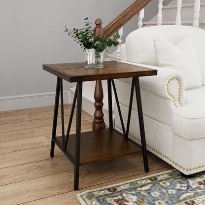 2 Tier Square Industrial End Table, Wooden Bedside Table with Saw Marks Top and Black Metal Legs, Sofa Side Table for Living Room, Bedroom, Office, Waiting Room, Dark Walnut, 20x20x24in
