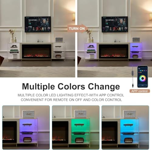 70.5" Electric Fireplace TV Stand for 75" TV with LED Storage, White, view 7