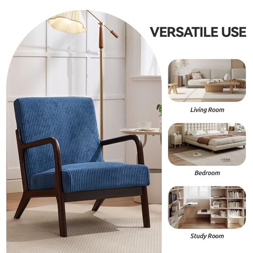 Mid Century Modern Corduroy Accent Chair, Living Room Chairs with Lumbar Pillow Boho Arm Chiar Reading Chair with Solid Wood Frame for Living Room Bedroom