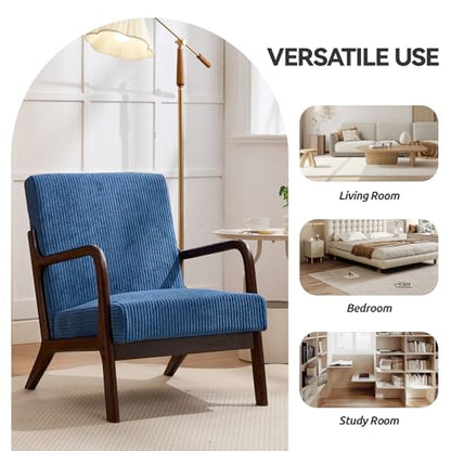 Mid Century Modern Corduroy Accent Chair, Living Room Chairs with Lumbar Pillow Boho Arm Chiar Reading Chair with Solid Wood Frame for Living Room Bedroom