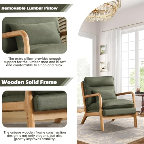 Mid Century Modern Accent Chair, Upholstered Lounge Armchair with Plump Back Pillow, Comfy Reading Chair with Solid Wood Frame for Bedroom Living Room, Green