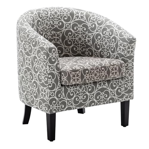 Accent Barrel Chair, Linen Round Chair Club Tub Sofa Corner Chair with Flared Legs and Cozy Soft Padding for Living Room Bedroom Waiting Room - White & Gray