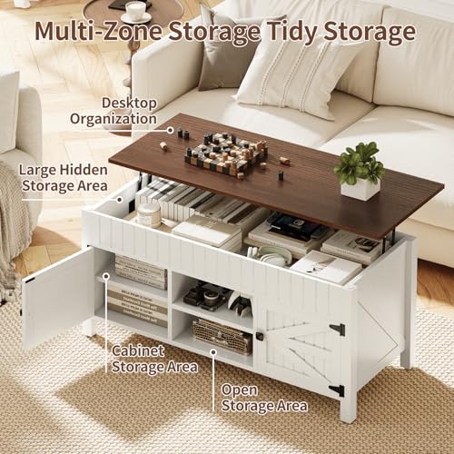 47.3“ Lift Top Coffee Table with Storage - White Coffee Tables for Living Room, Farmhouse Wood Center Table, Large Rectangle Middle Tables with Hidden Compartment & Adjustable Shelf