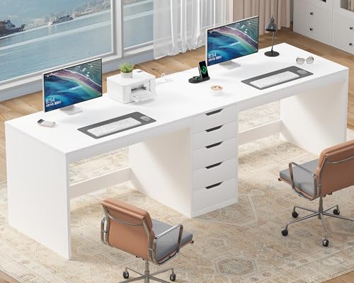 2 Person Desk with 5 Drawers and Power Outlets, 78.7 Inch Long Computer Desk with Storage File Cabinet, Two Person Home Office Double Desk with Storage, White