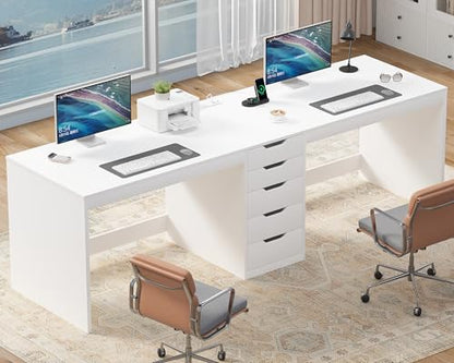 2 Person Desk with 5 Drawers and Power Outlets, 78.7 Inch Long Computer Desk with Storage File Cabinet, Two Person Home Office Double Desk with Storage, White