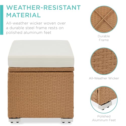 Best Choice Products Set of 2 Wicker Ottomans, Multipurpose Outdoor Furniture for Patio, Backyard, Additional Seating, Footrest, Side Table w/Storage, Removable Cushions - Natural/Ivory