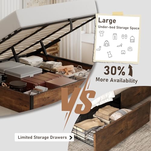 King Size Bed Frame with Lift Up Storage, Rustic Brown, view 5