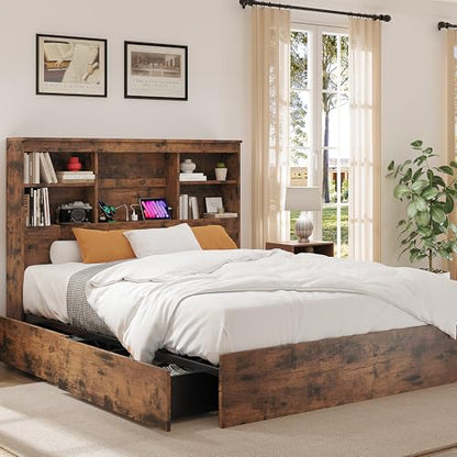 King Size Bed Frame with High Storage Bookcase Headboard,Brown, view 3