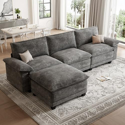 Modern L Shaped Sofa Couches for Living Room, Modular Sectional Cloud Couch with Movable Ottoman, Comfy Chenille Sofa for Apartment and Small Space, Dark Gray
