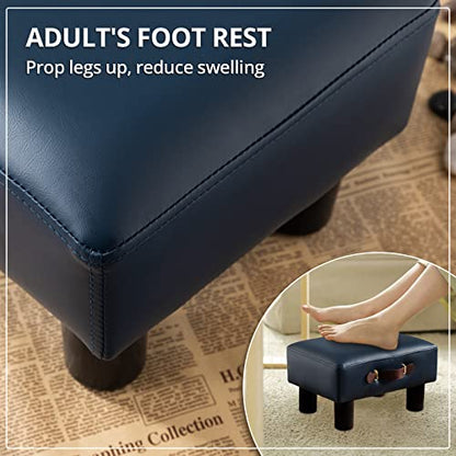 Small Foot Stool with Handle, Blue PU Leather Short Foot Stool Rest, Rectangle Storage Foot Stools Ottoman with Plastic Legs, Padded Footstool Small Step Stool for Living Room, Office, Desk, Patio