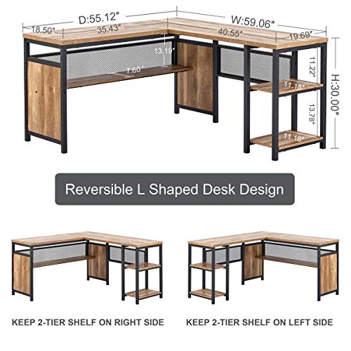 L Shaped Computer Desk with Wood Shelves, Industrial Rustic Home Office Corner Desk with Metal Legs (Rustic Oak, 59 Inch)