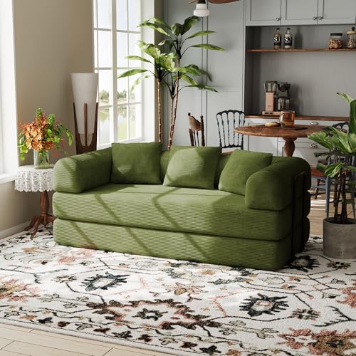 Convertible Sofa Bed, Corduroy Memory Foam Compression Sofa, Modular Floor Sofa with Pull-Out Bed, Compressed Couch Folding Sleeper Couches Bed for Living Room Bedroom Lounge, Olive Green