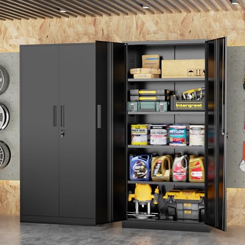 Black Metal Storage Cabinet, 72" Locking Steel Cabinets with 2 Door and 4 Adjustable Shelves, Tall Metal Cabinet for Home Office, Garage, Warehouse