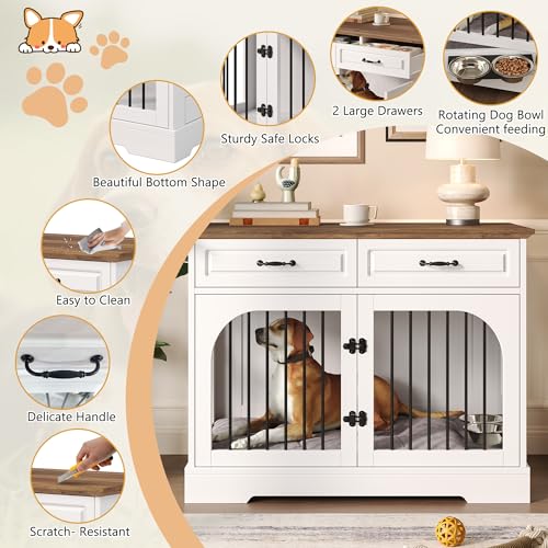 43.3" Farmhouse Dog Crate Furniture with Rotating Bowls & Drawers – Wooden, view 6